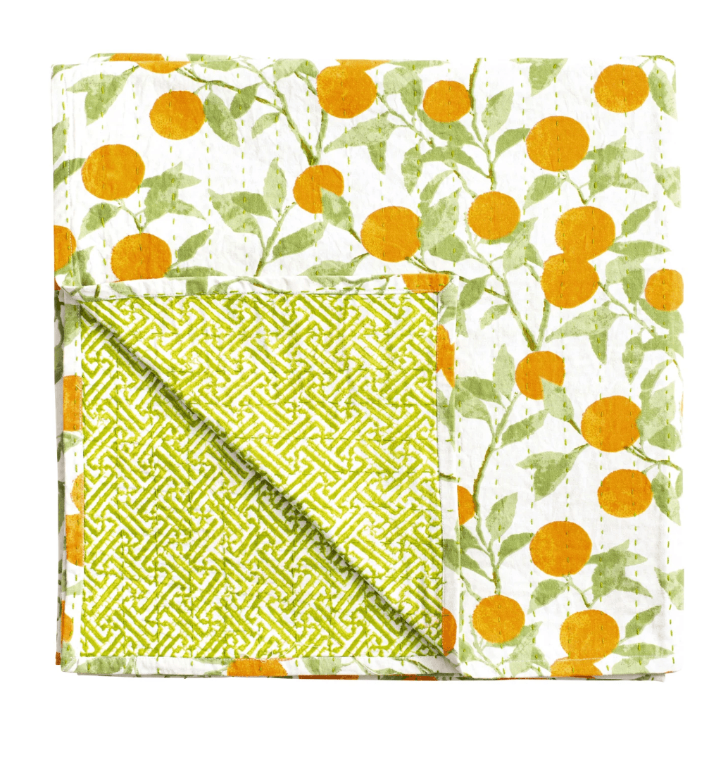 Reversible Kantha Table Cover in Orange Grove - Caspari - Gaines Jewelers