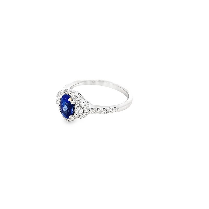 Ring blue sapphire diamond halo sides and shank 18kt white gold - Gaines Jewelers