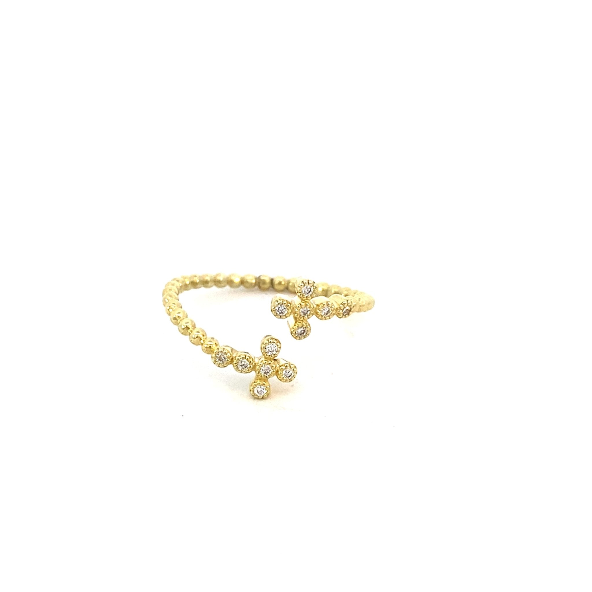 Ring bypass style with beaded shank, open on top with diamond crosses 14kt yellow gold - Gaines Jewelers