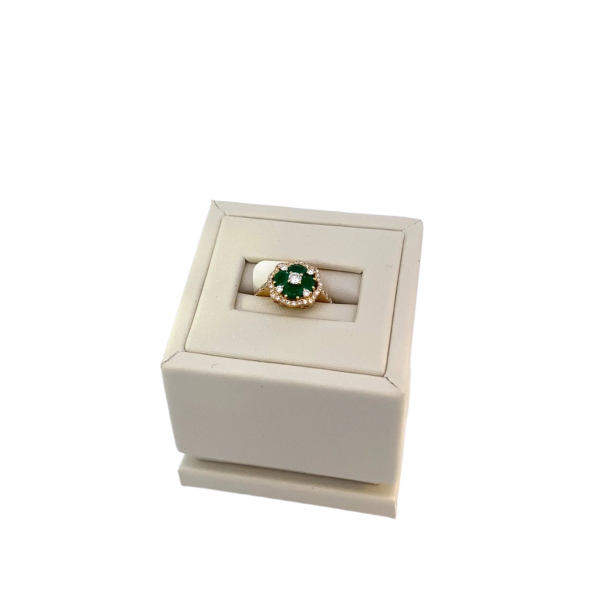 Ring cluster of emeralds and diamonds with a diamond shank 18kt yellow gold - Gaines Jewelers