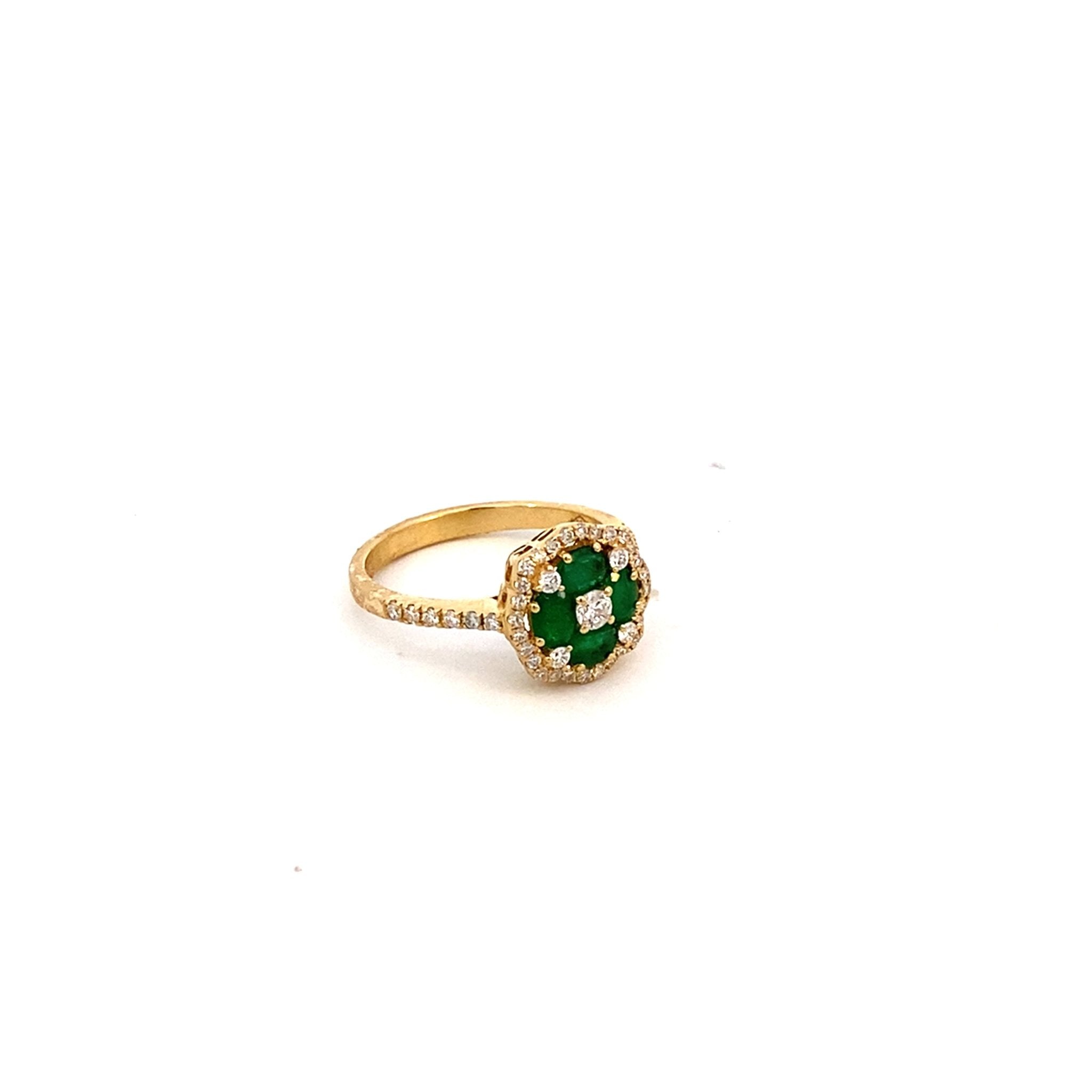 Ring cluster of emeralds and diamonds with a diamond shank 18kt yellow gold - Gaines Jewelers
