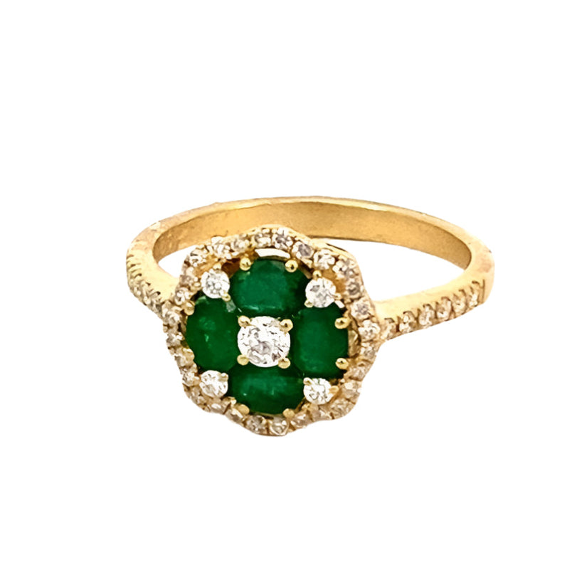 Ring cluster of emeralds and diamonds with a diamond shank 18kt yellow gold - Gaines Jewelers