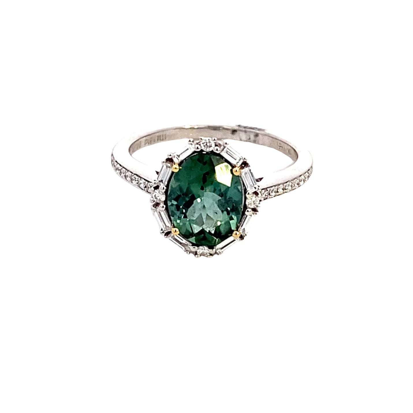 Ring green tourmaline with baguette halo 18kt white gold - Gaines Jewelers