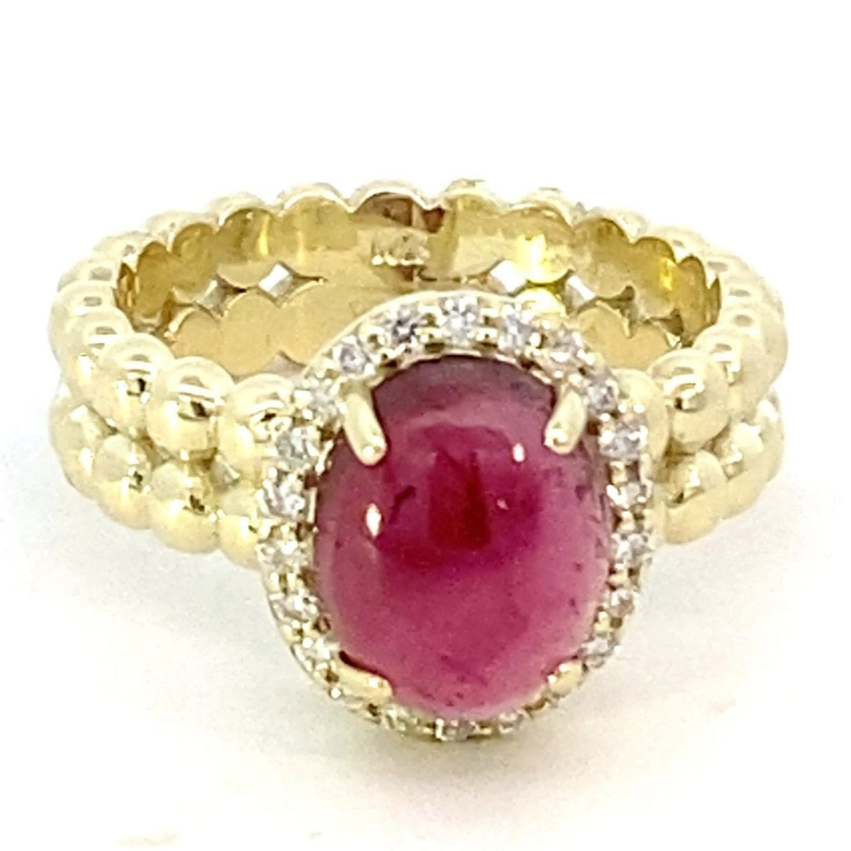 Ring pink tourmaline diamond beaded shank 14kt yellow gold - Gaines Jewelers