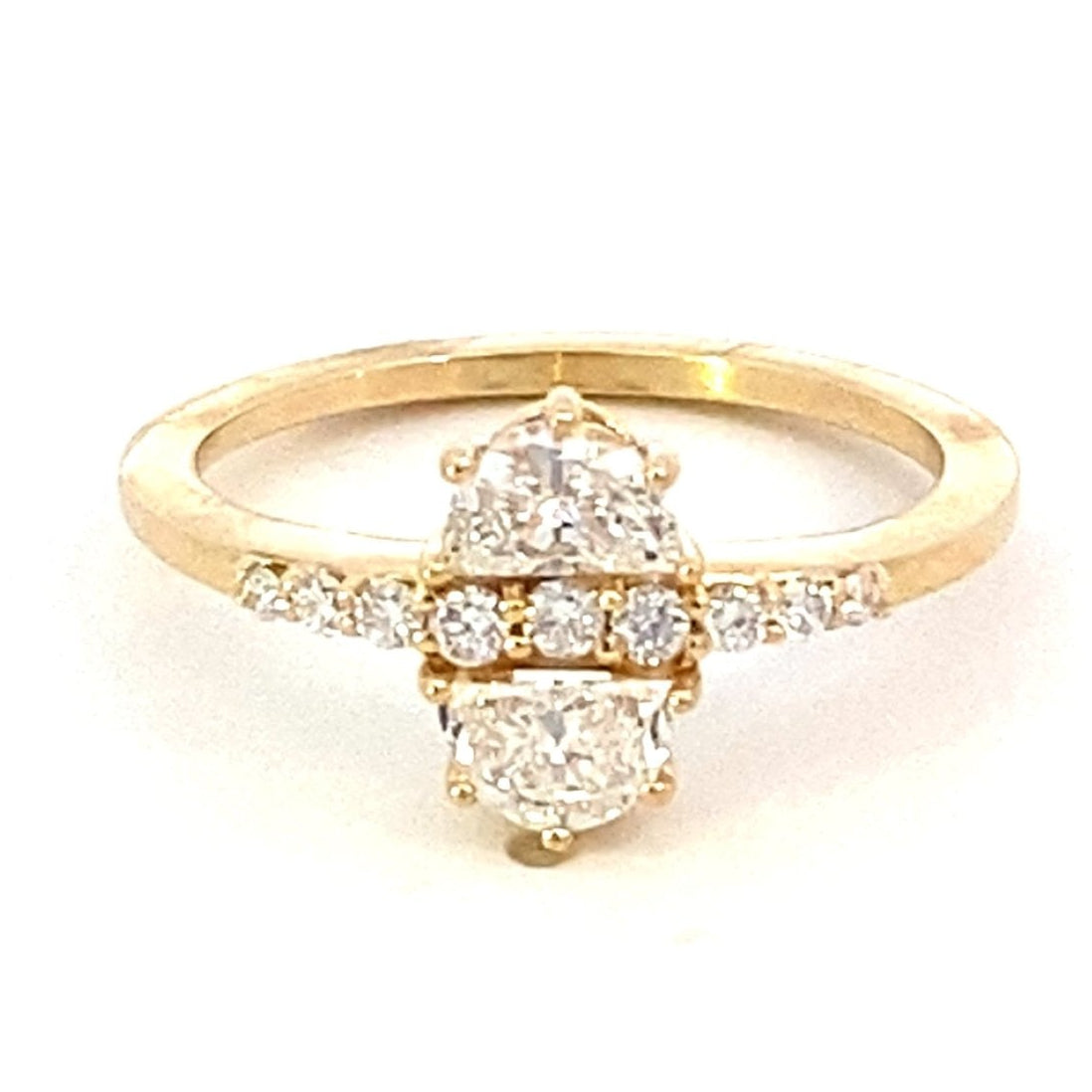 Ring set with 2 half moon lab diamonds & a strip running between 14kt yellow gold - Gaines Jewelers