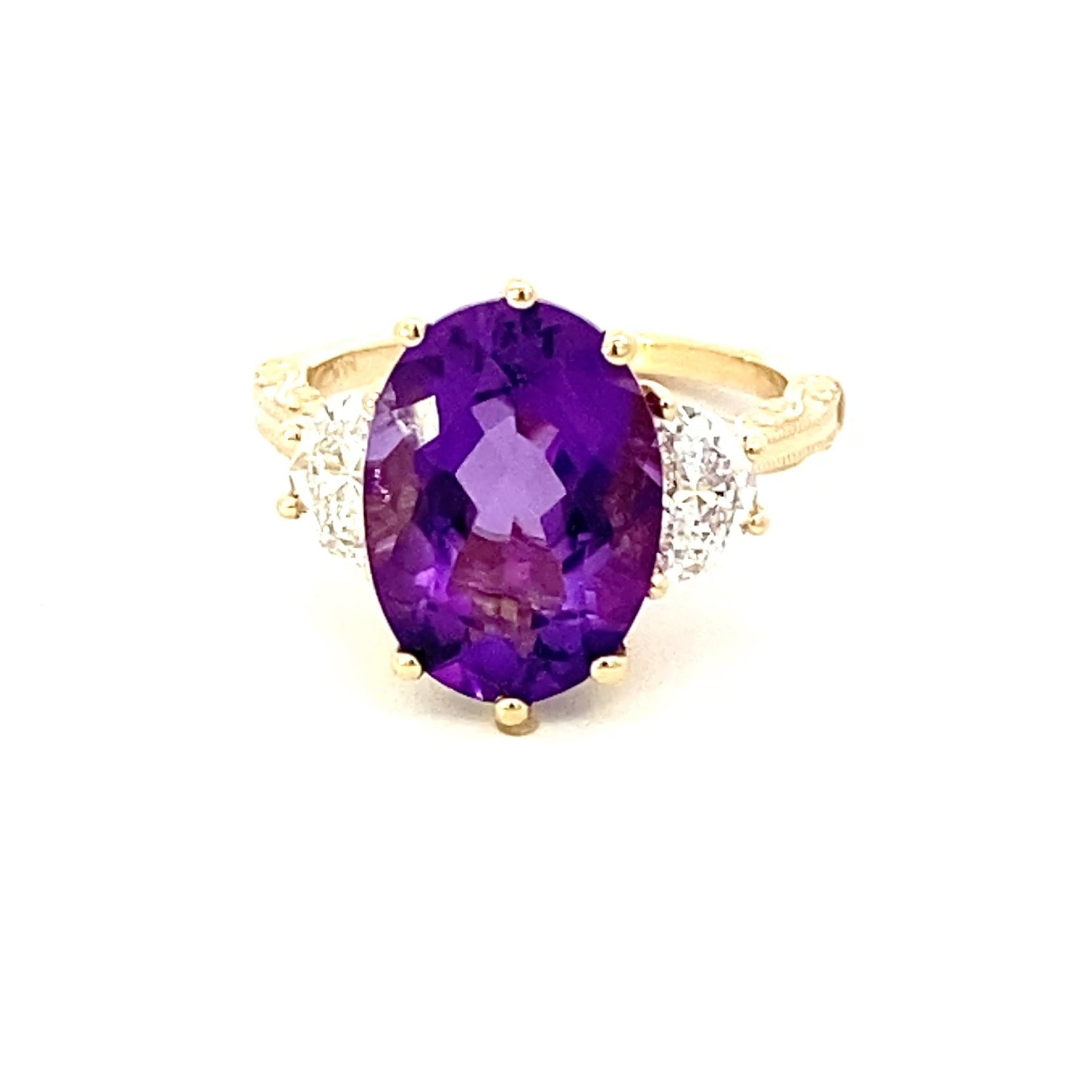 Ring set with an oval amethyst flanked by half moon lab diamonds 14kt yellow gold - Gaines Jewelers