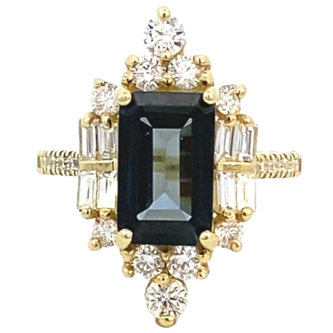 Ring set with London blue topaz with diamonds, art deco style 14kt yellow gold - Gaines Jewelers