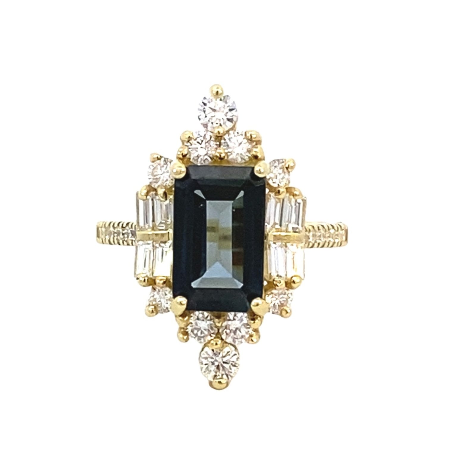 Ring set with London blue topaz with diamonds, art deco style 14kt yellow gold - Gaines Jewelers