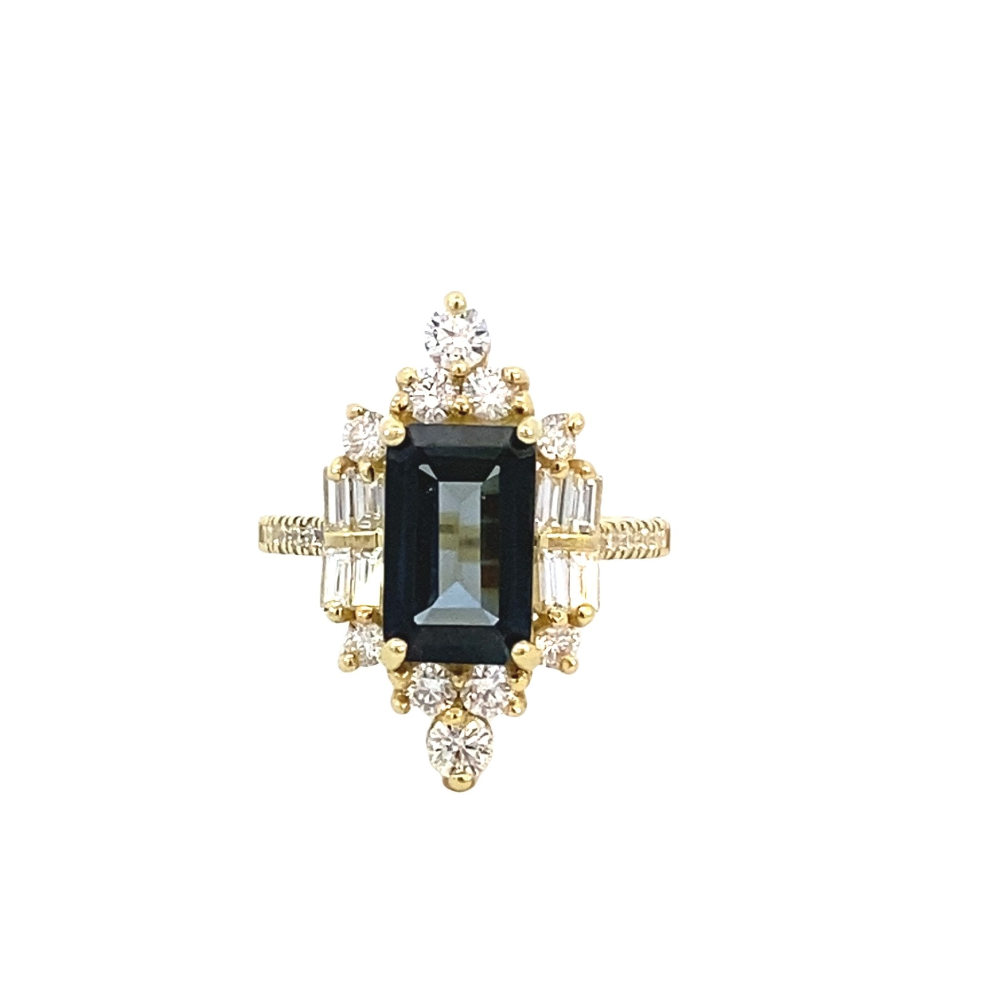 Ring set with London blue topaz with diamonds, art deco style 14kt yellow gold - Gaines Jewelers