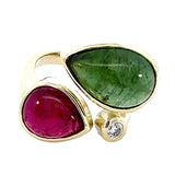 Ring set with pink & green tourmaline accented with diamond 14kt yellow gold - Gaines Jewelers
