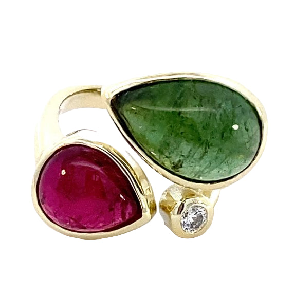 Ring set with pink & green tourmaline accented with diamond 14kt yellow gold - Gaines Jewelers