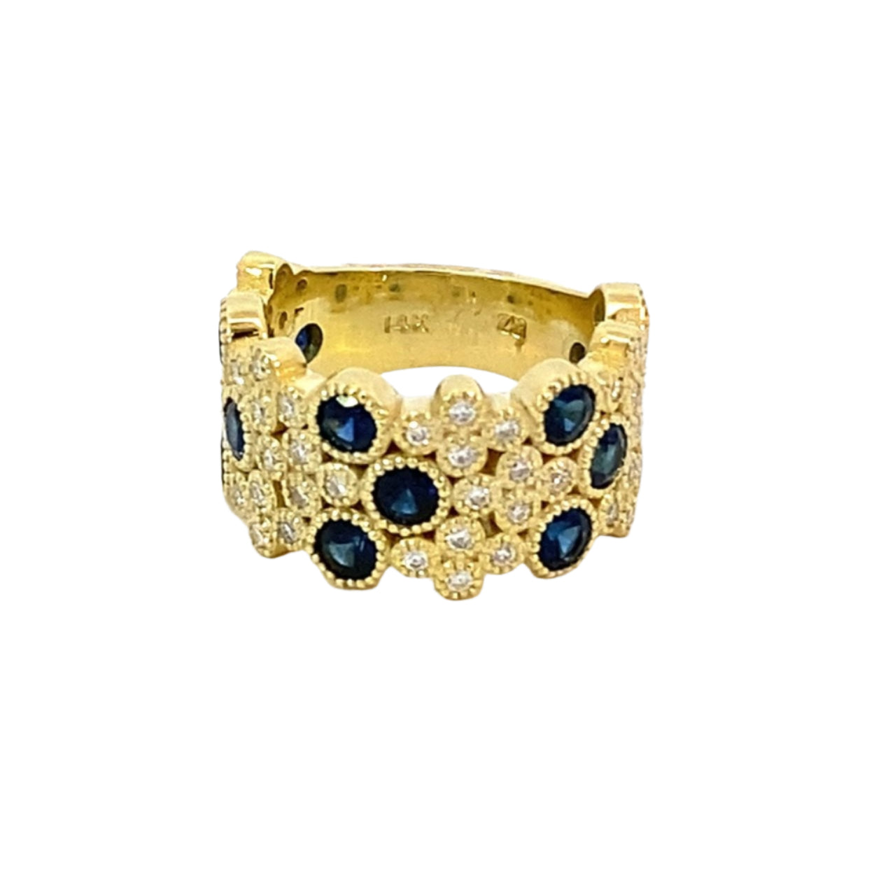 Ring wide band style randomly set with sapphires and pave'd with diamonds 14kt yellow gold - Gaines Jewelers