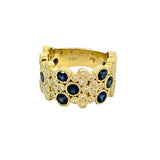 Ring wide band style randomly set with sapphires and pave'd with diamonds 14kt yellow gold - Gaines Jewelers