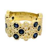 Ring wide band style randomly set with sapphires and pave'd with diamonds 14kt yellow gold - Gaines Jewelers