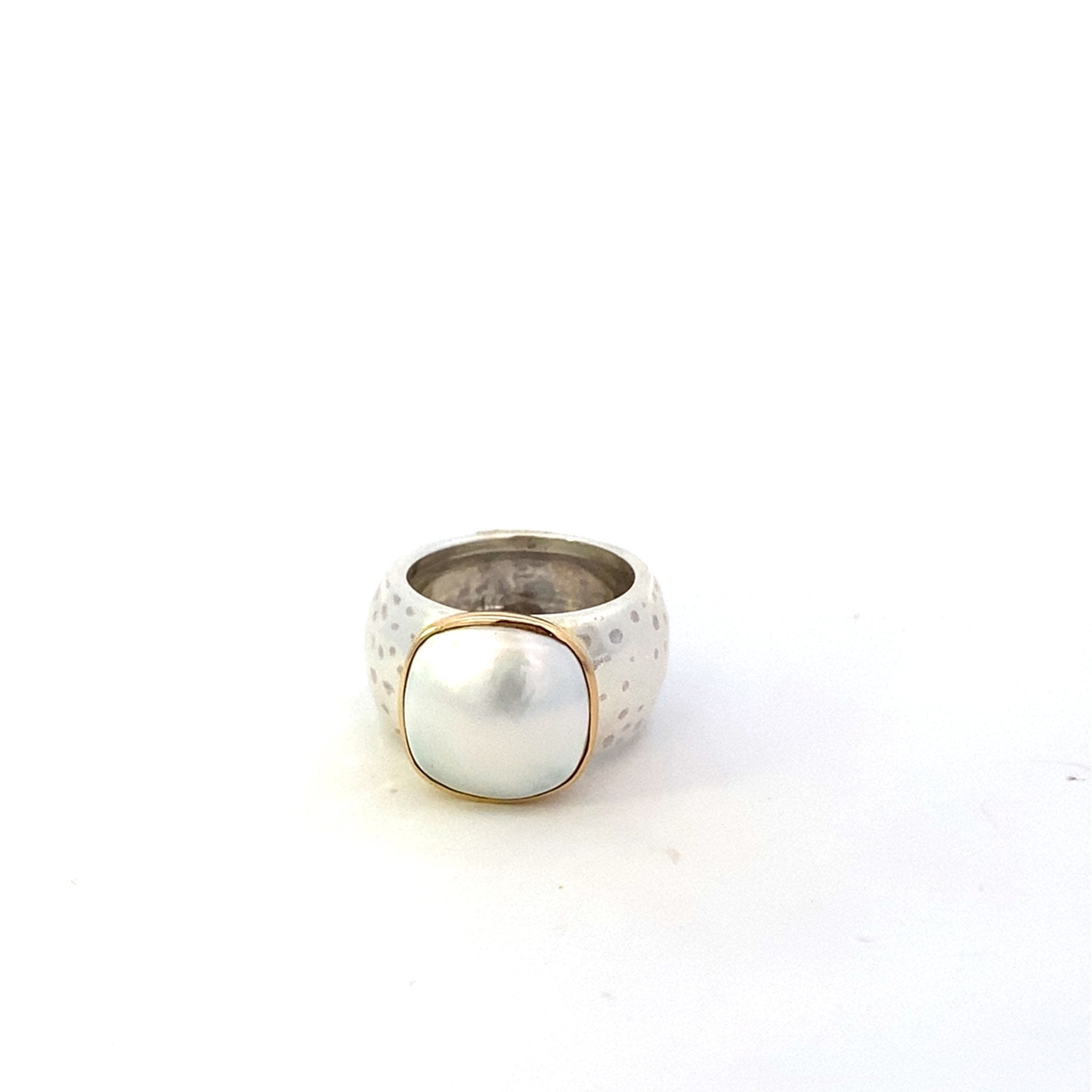Ring with a cushion shaped mabe pearl on a wide shank, 2 - tone - Gaines Jewelers