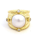 Ring with a mabe pearl 4 diamonds wide hammered shank 14kt yellow gold - Mazza - Gaines Jewelers