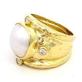 Ring with a mabe pearl 4 diamonds wide hammered shank 14kt yellow gold - Mazza - Gaines Jewelers