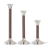 Set of 3 Silver & Brown Leather Corset Stitched Taper Candleholders - K&K Interiors - Gaines Jewelers
