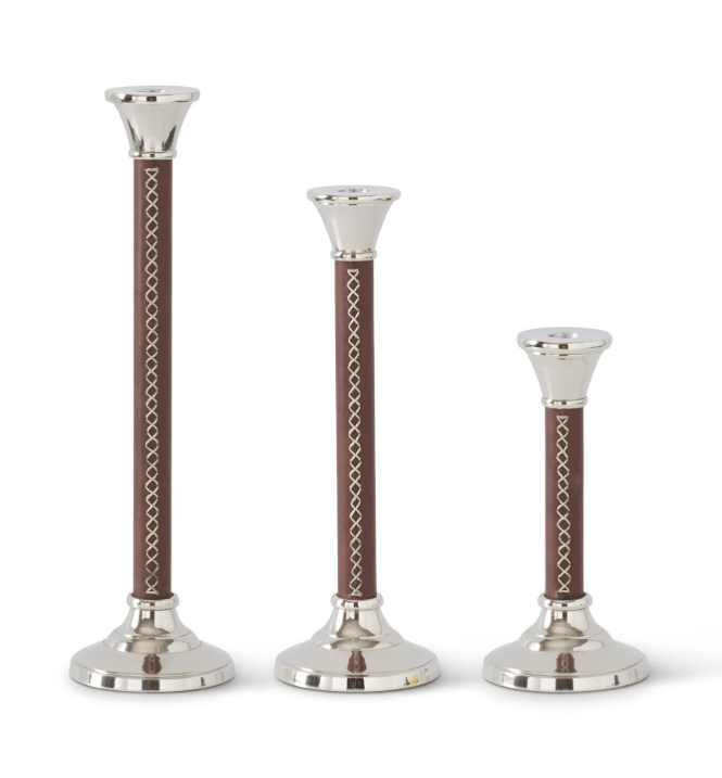 Set of 3 Silver & Brown Leather Corset Stitched Taper Candleholders - K&K Interiors - Gaines Jewelers