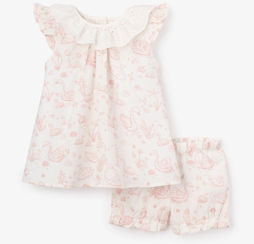 Swan Toile Swiss Dot Dress + Bloomer 12 - 18 M - Elegant Baby - Gaines Jewelers
