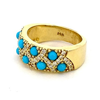 Turquoise and diamond wide band ring 14kt yellow gold - Gaines Jewelers