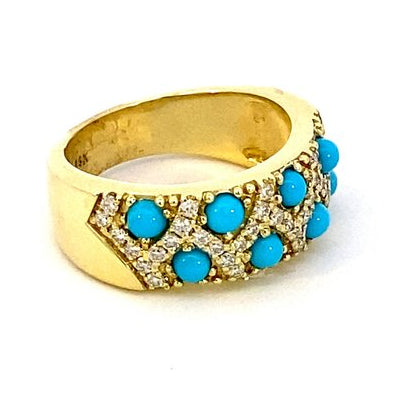 Turquoise and diamond wide band ring 14kt yellow gold - Gaines Jewelers