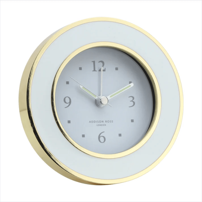 White and Gold Silent Alarm Clock - Addison Ross - Gaines Jewelers
