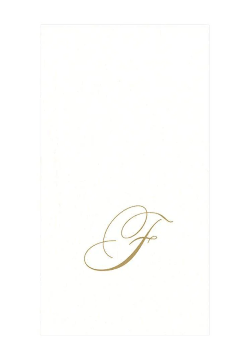 White Pearl & Gold Paper Linen Single Initial Boxed Guest Towel Napkins - F - Caspari - Gaines Jewelers