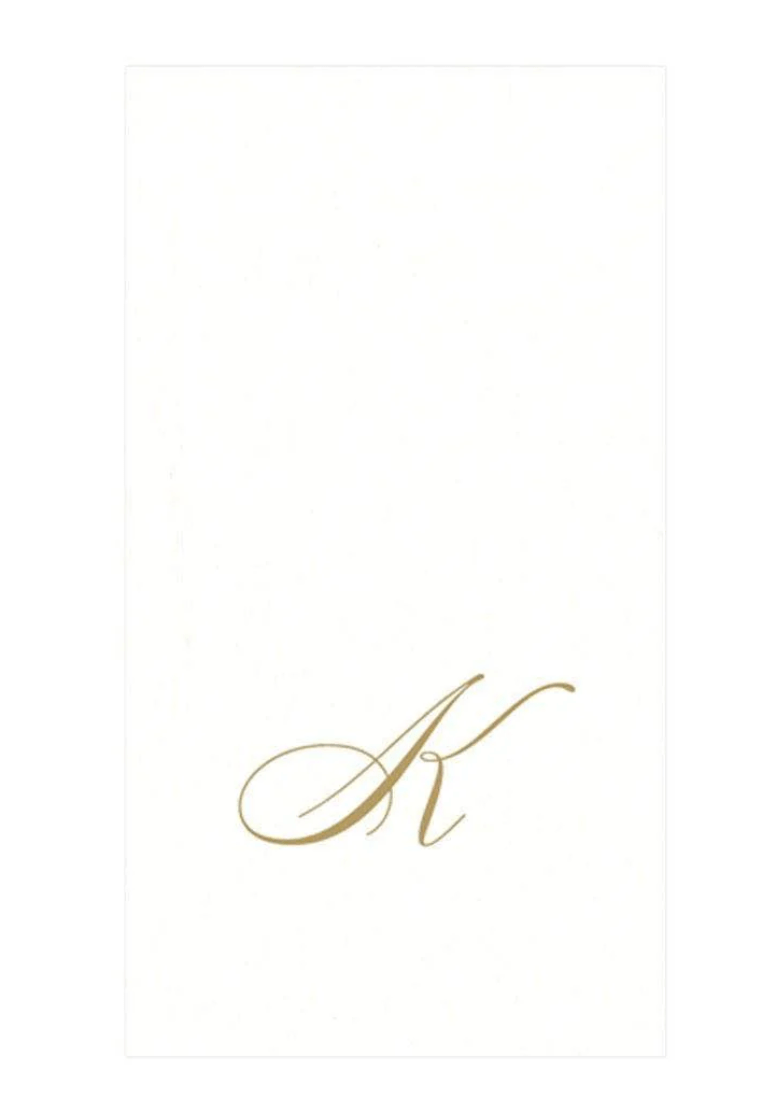 White Pearl & Gold Paper Linen Single Initial Boxed Guest Towel Napkins - K - Caspari - Gaines Jewelers