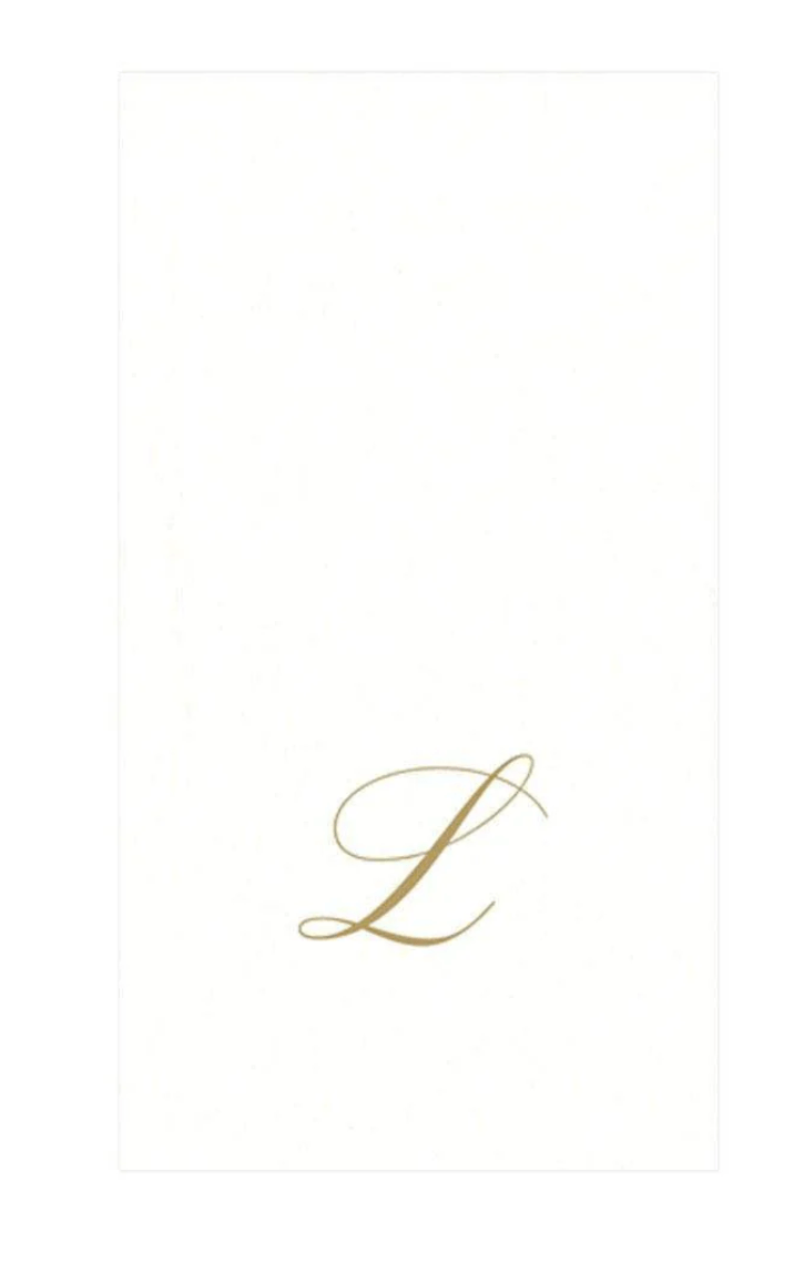 White Pearl & Gold Paper Linen Single Initial Boxed Guest Towel Napkins - L - Caspari - Gaines Jewelers