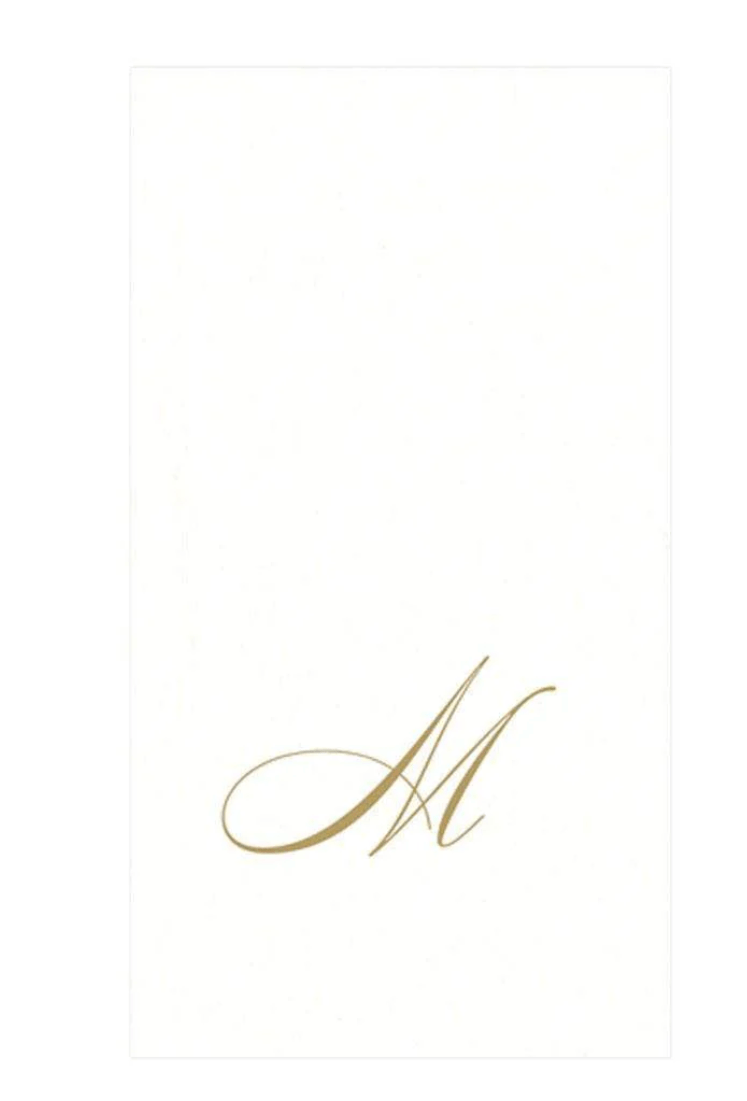 White Pearl & Gold Paper Linen Single Initial Boxed Guest Towel Napkins - M - Caspari - Gaines Jewelers