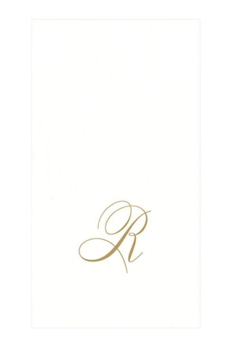 White Pearl & Gold Paper Linen Single Initial Boxed Guest Towel Napkins - R - Caspari - Gaines Jewelers
