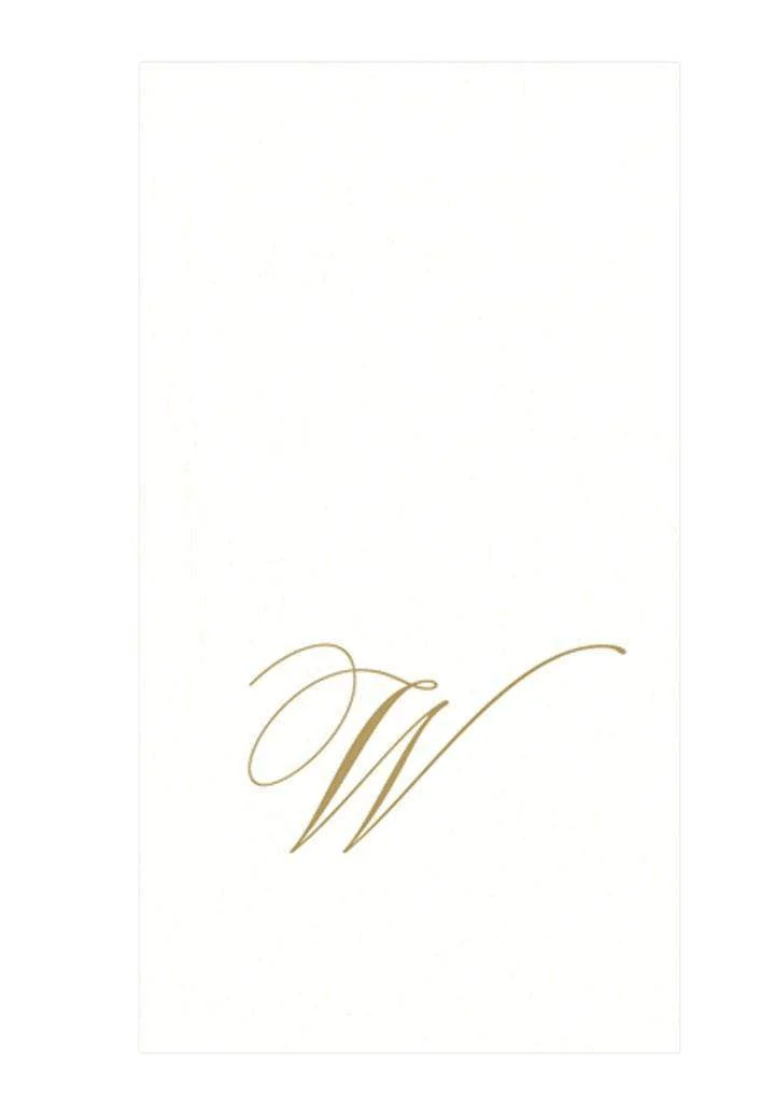 White Pearl & Gold Paper Linen Single Initial Boxed Guest Towel Napkins - W - Caspari - Gaines Jewelers