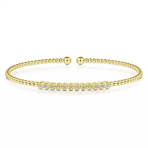 14K Yellow Gold Bead Cuff Bracelet with Bezel Set Diamond Stations - Gaines Jewelers