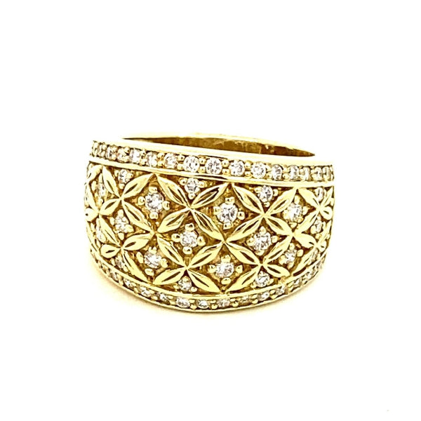 1Ring- 14kt yg wide tapered engraved top w/ diamond border - Gaines Jewelers