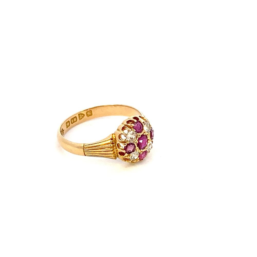 Antique ring ruby and diamond cluster 18kt yellow gold - Gaines Jewelers