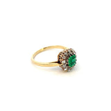 Antique ring single emerald with diamond halo cluster yellow gold - Gaines Jewelers