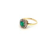Antique ring single emerald with diamond halo cluster yellow gold - Gaines Jewelers