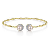 Bracelet flex cuff pearl & diamond caps 14kt yellow gold - Gaines Jewelers