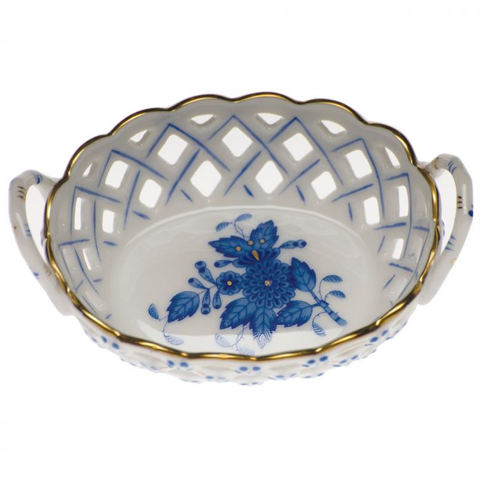 CHINESE BOUQUET SMALL OPENWORK BASKET WITH HANDLE - BLUE - Gaines Jewelers