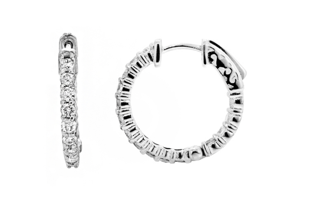 Earrings- 14k White Gold Inside-Out Small Diamond hoops - Gaines Jewelers