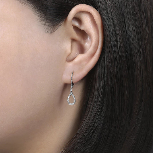 Earrings- diamond open pear shape drop 14k white gold - Gaines Jewelers