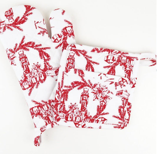 Holiday Toile Red Oven Mitt Set - Gaines Jewelers