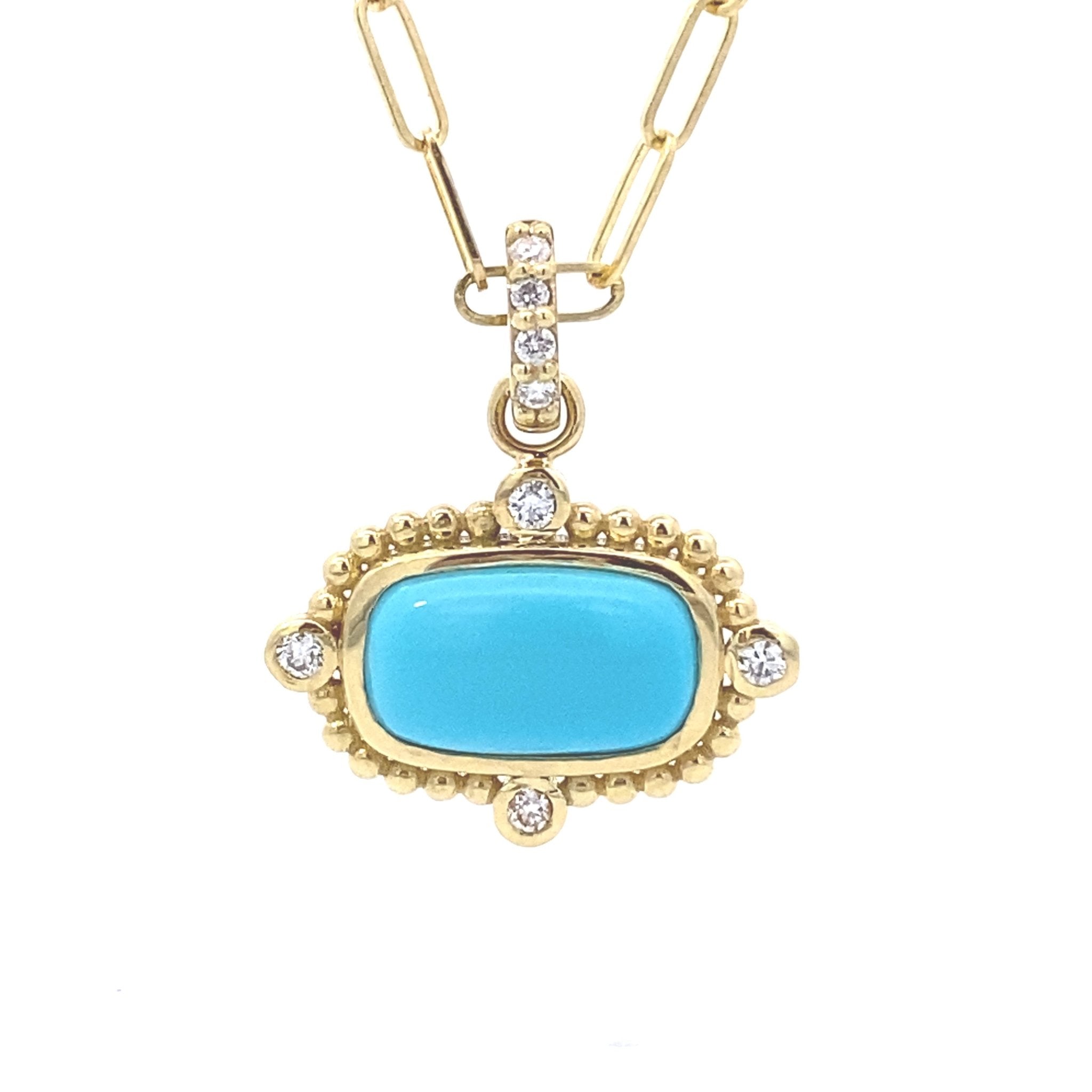 Necklace - 14k yg Pendant turquoise diamond paperclip 18" drop - Gaines Jewelers