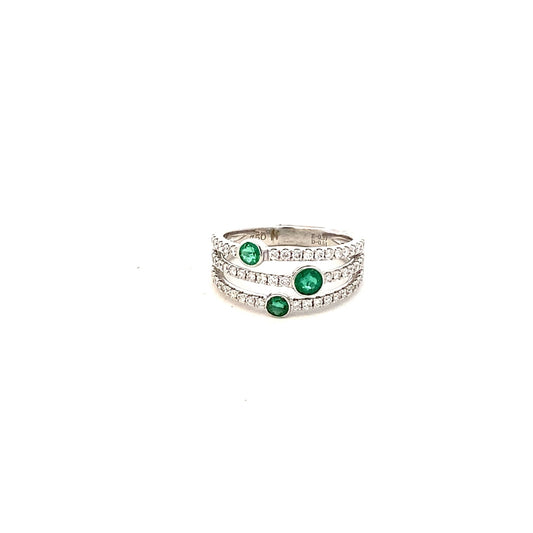 Ring- 14k wg 3 row emerald and diamond ring - Gaines Jewelers