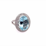 Ring- 14k wg Oval Aquamarine with double diamond halo - Gaines Jewelers