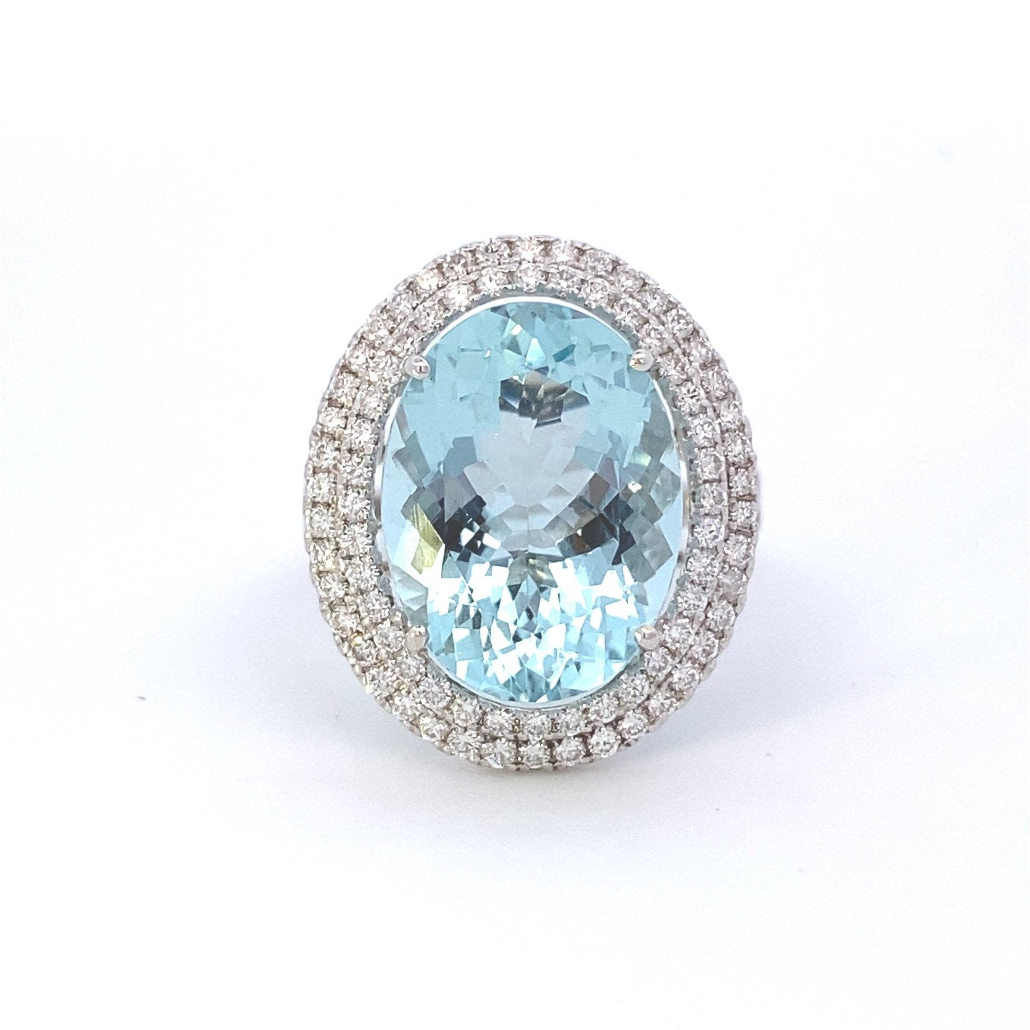 Ring- 14k wg Oval Aquamarine with double diamond halo - Gaines Jewelers