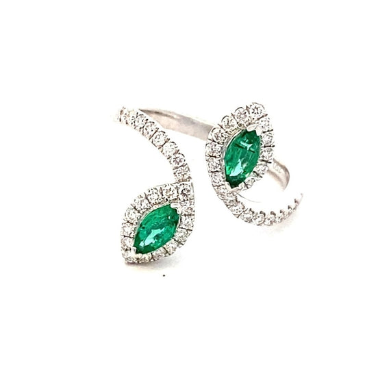 Ring- 18k White Gold Diamond & Emerald bypass - Gaines Jewelers
