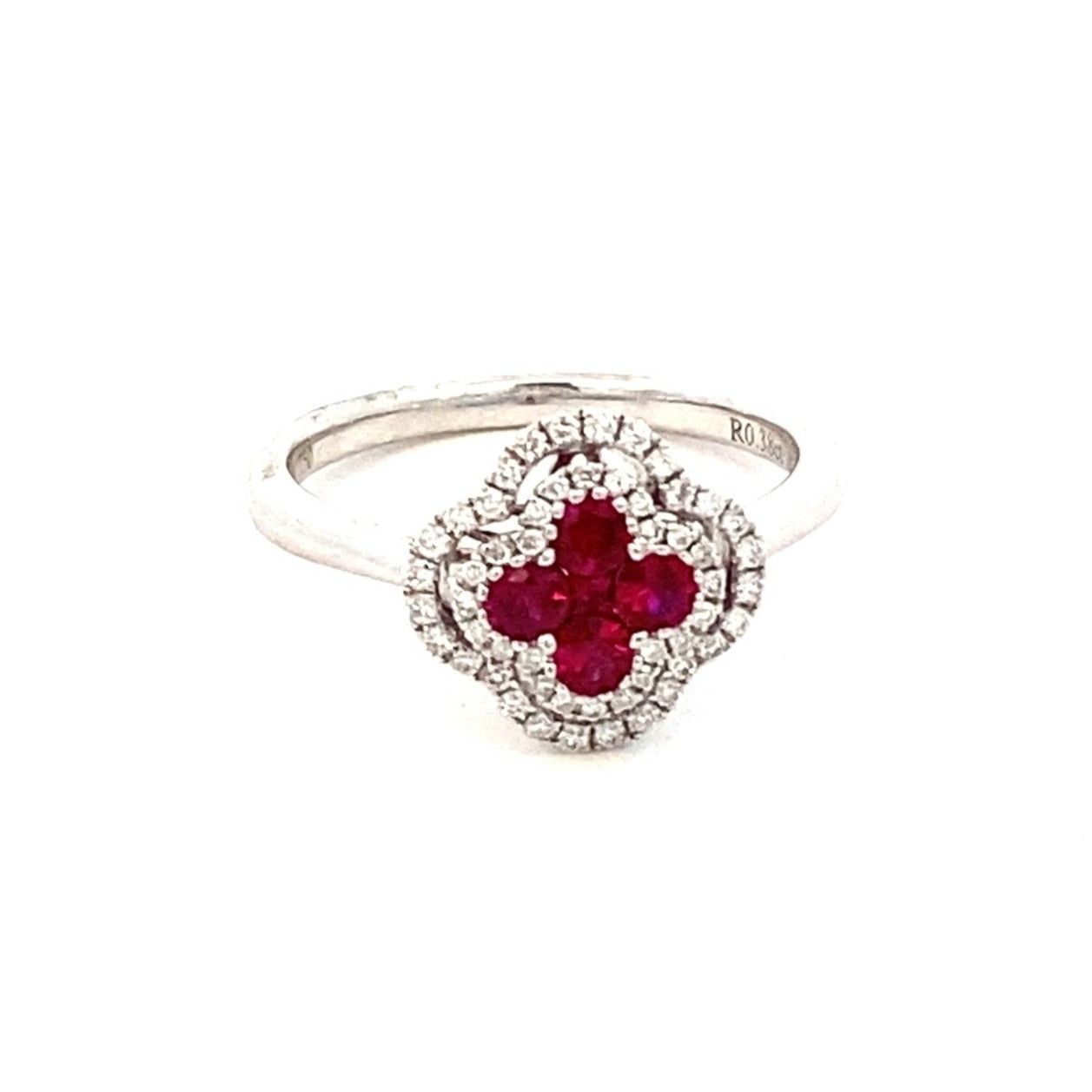 Ring- 18k White Gold ruby diamond halo clover white gold - Gaines Jewelers