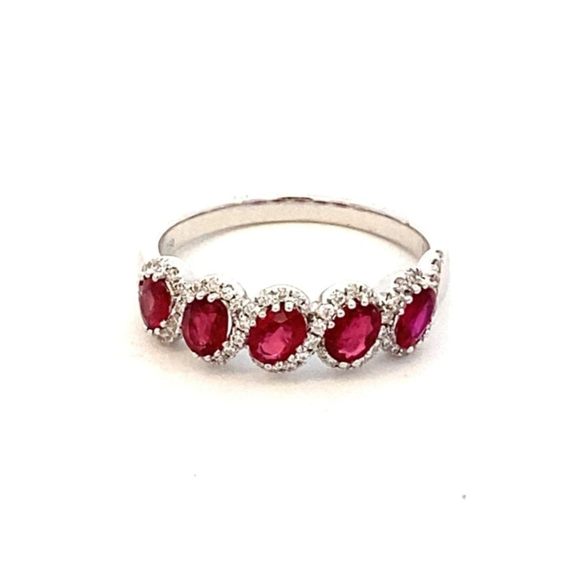 Ring - 5 oval Rubies and diamond halo slant white gold - Gaines Jewelers